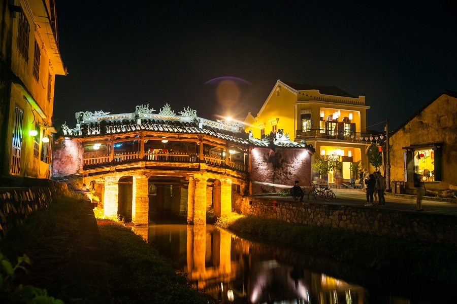 Japanese bridge at night in Hoi An, Vietnam