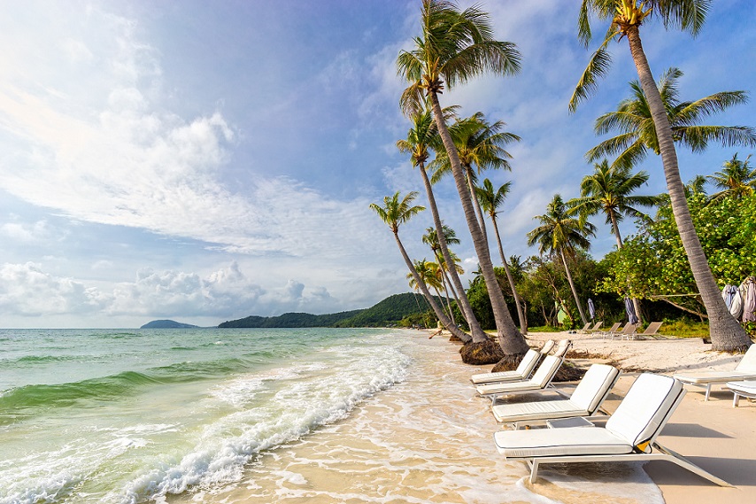 Sunbeds under tropical palms on beautiful Bai Sao beach of Phu Quoc island