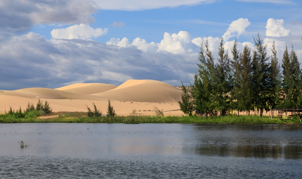 Beautiful lake and white sand dunes in Mui Ne, Vietnam